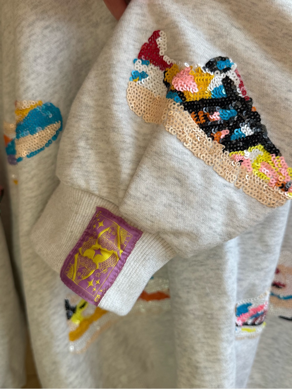 QUEEN OF SPARKLES Neon Sequin Sneaker Light Gray Sweatshirt Oversized - Picture 5 of 10